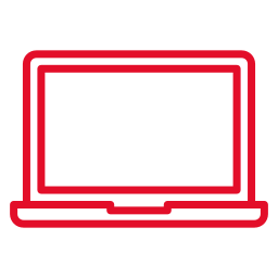 Red outline laptop icon representing digital marketing, online learning, and digital business services